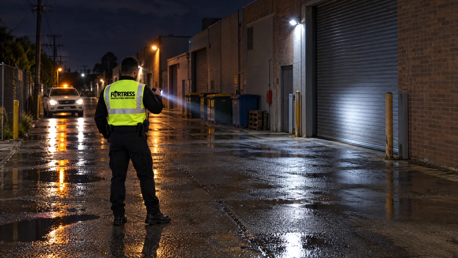 Security officer checking a building perimeter with a torch during a night alarm response