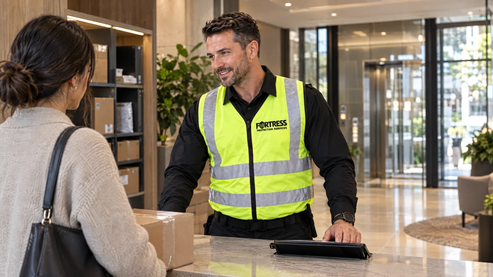 Concierge security officer at the front desk of a Melbourne apartment building lobby