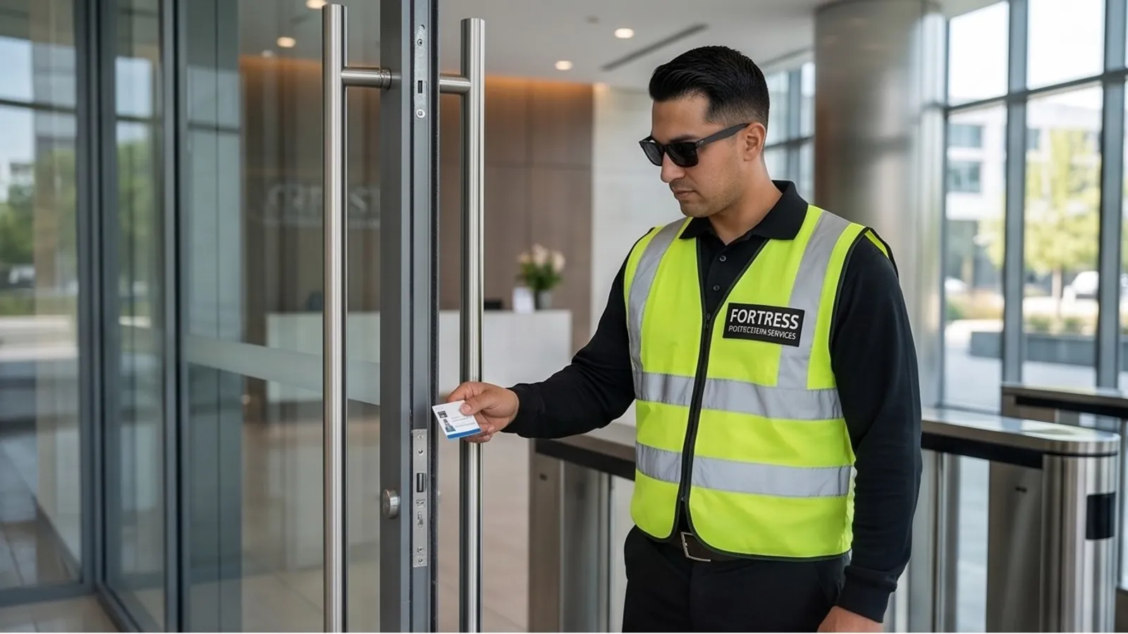 Fortress concierge security officer controlling access at a commercial building lobby