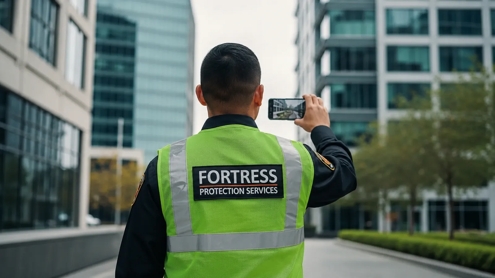 Fortress security officer documenting an incident between commercial office towers