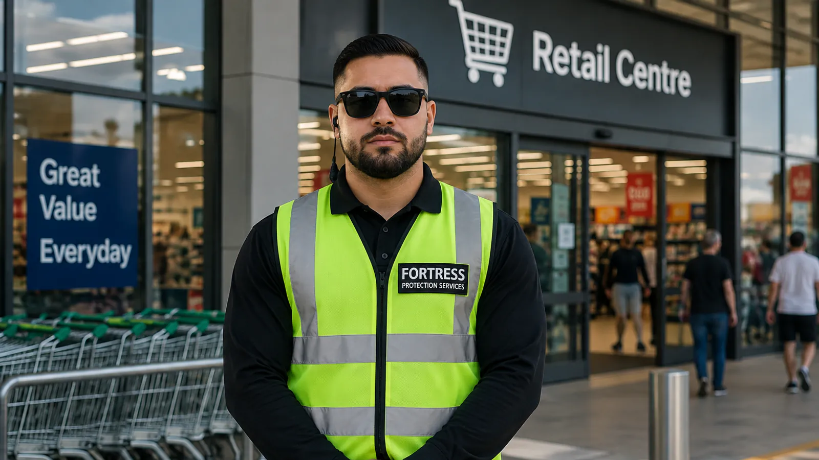 Uniformed Fortress security guard on duty at the entrance of a Melbourne retail centre