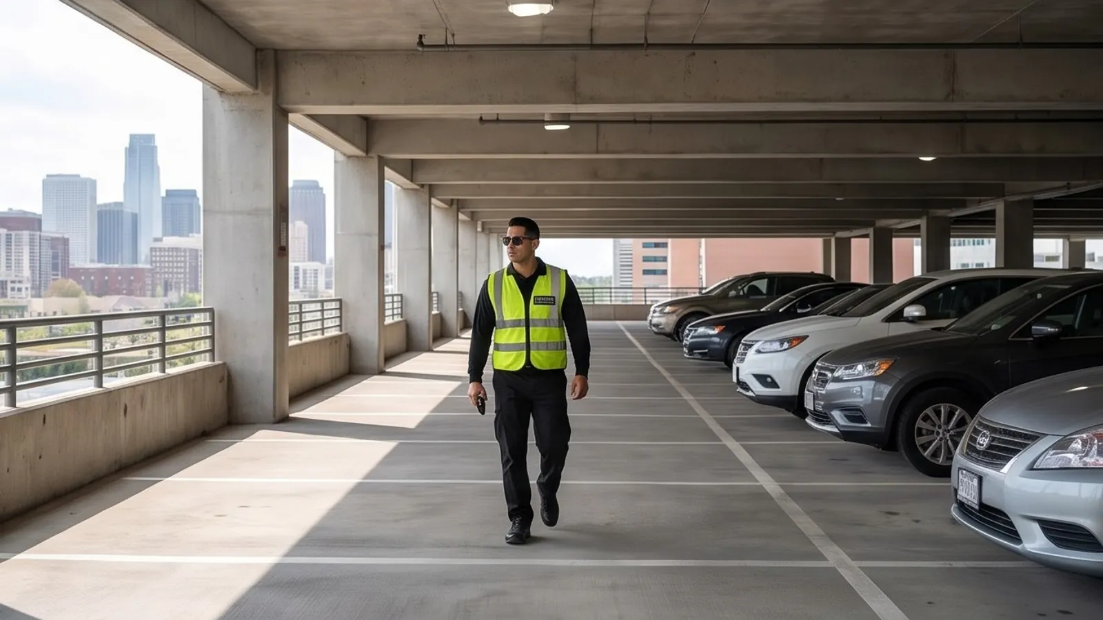 Fortress security officer patrolling a multi-storey car park overlooking the city