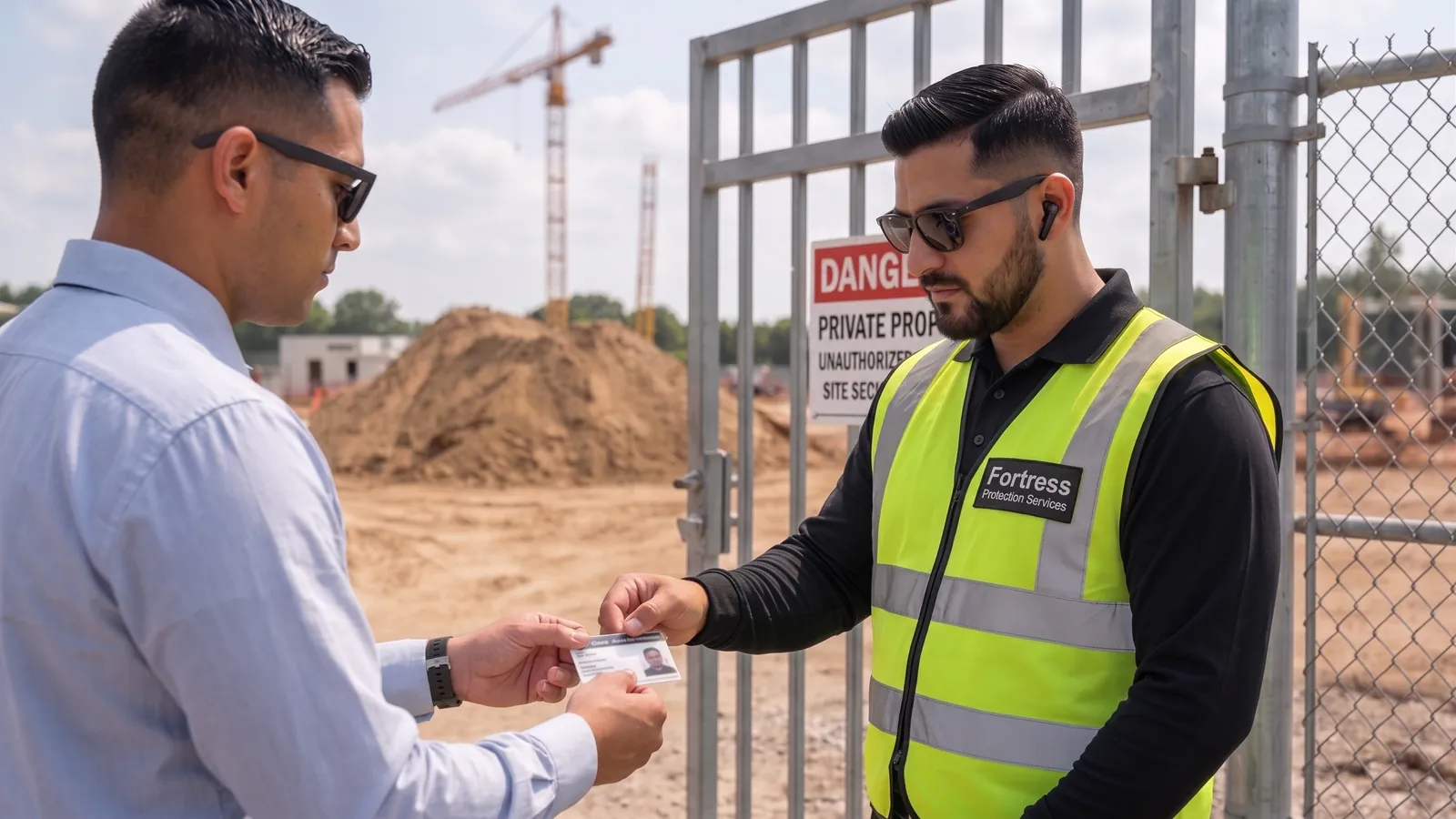 Security supervisor checking a security officer licence at a site gate