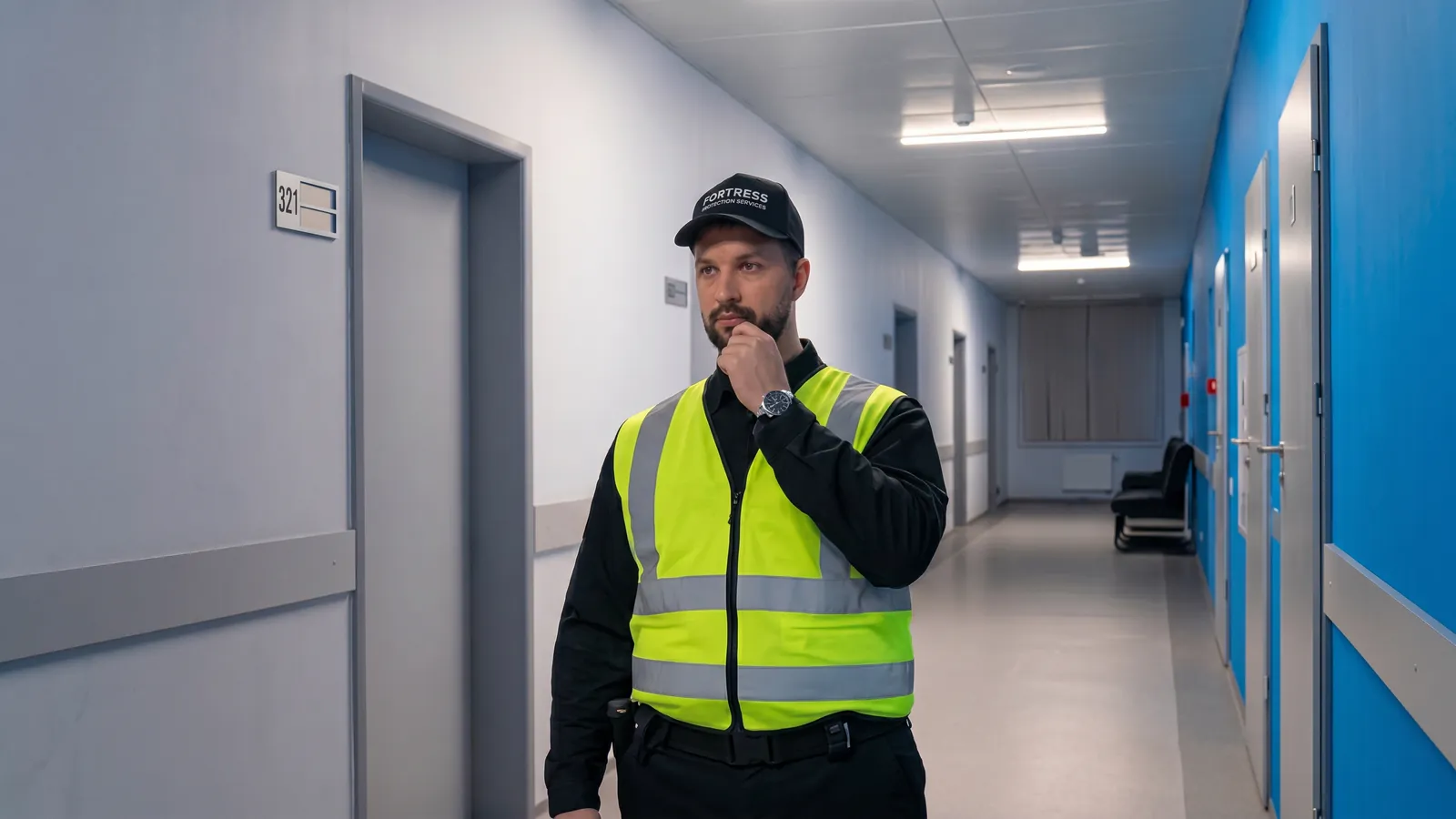 Fortress security officer patrolling a healthcare facility corridor