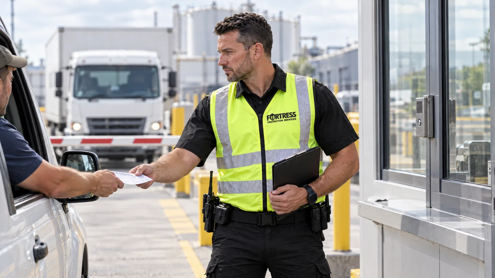 Licensed security officer on duty at a site boom gate in Melbourne