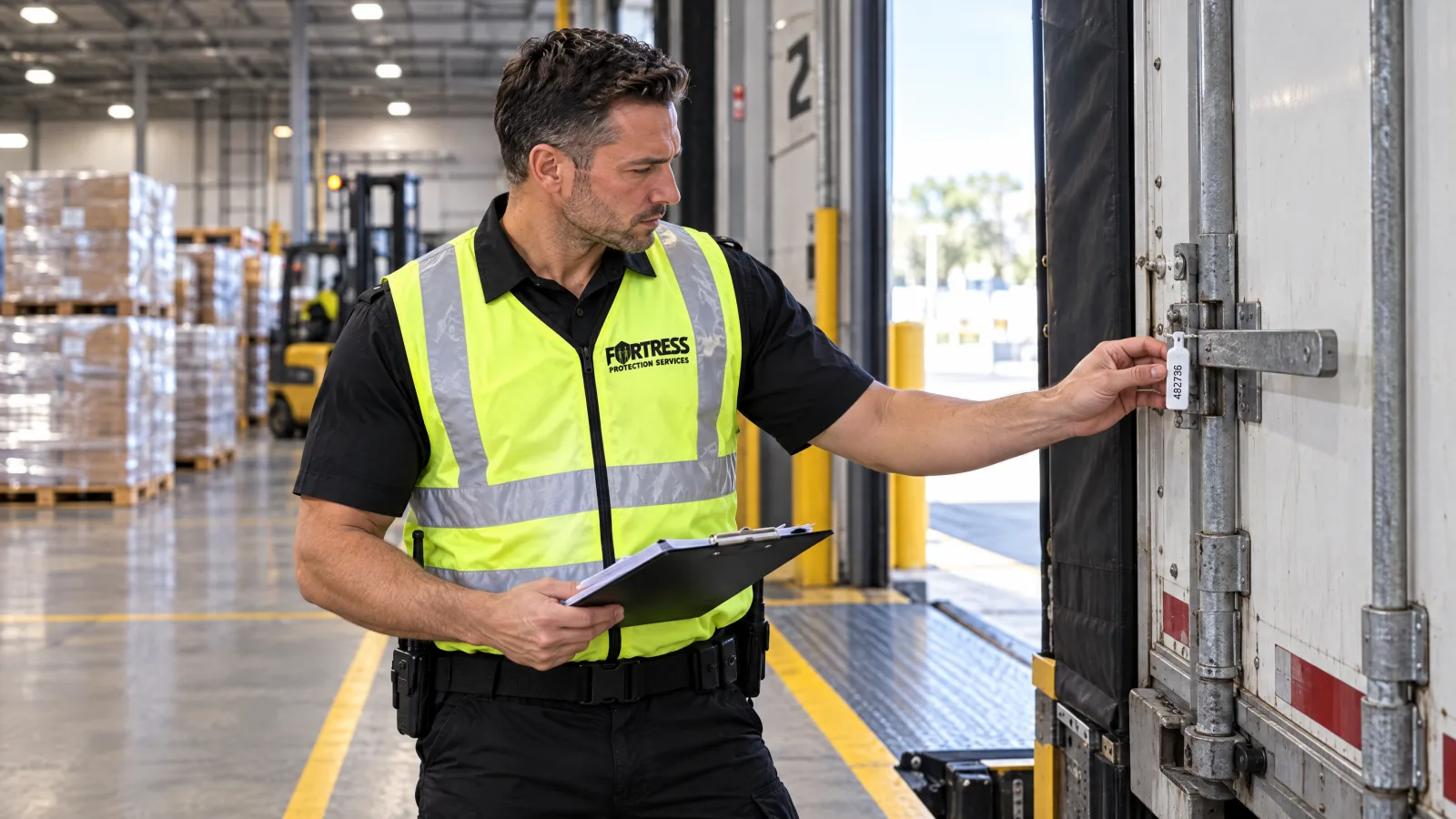 Security officer checking a delivery against paperwork at a Melbourne warehouse loading dock
