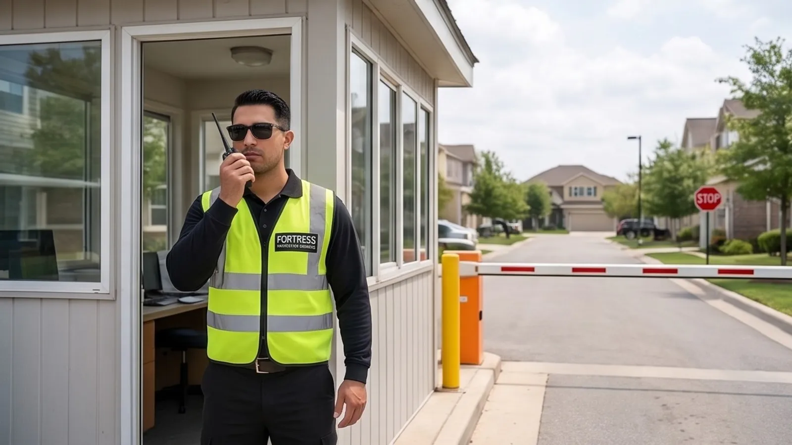 Fortress security officer staffing a gatehouse at a residential estate entrance
