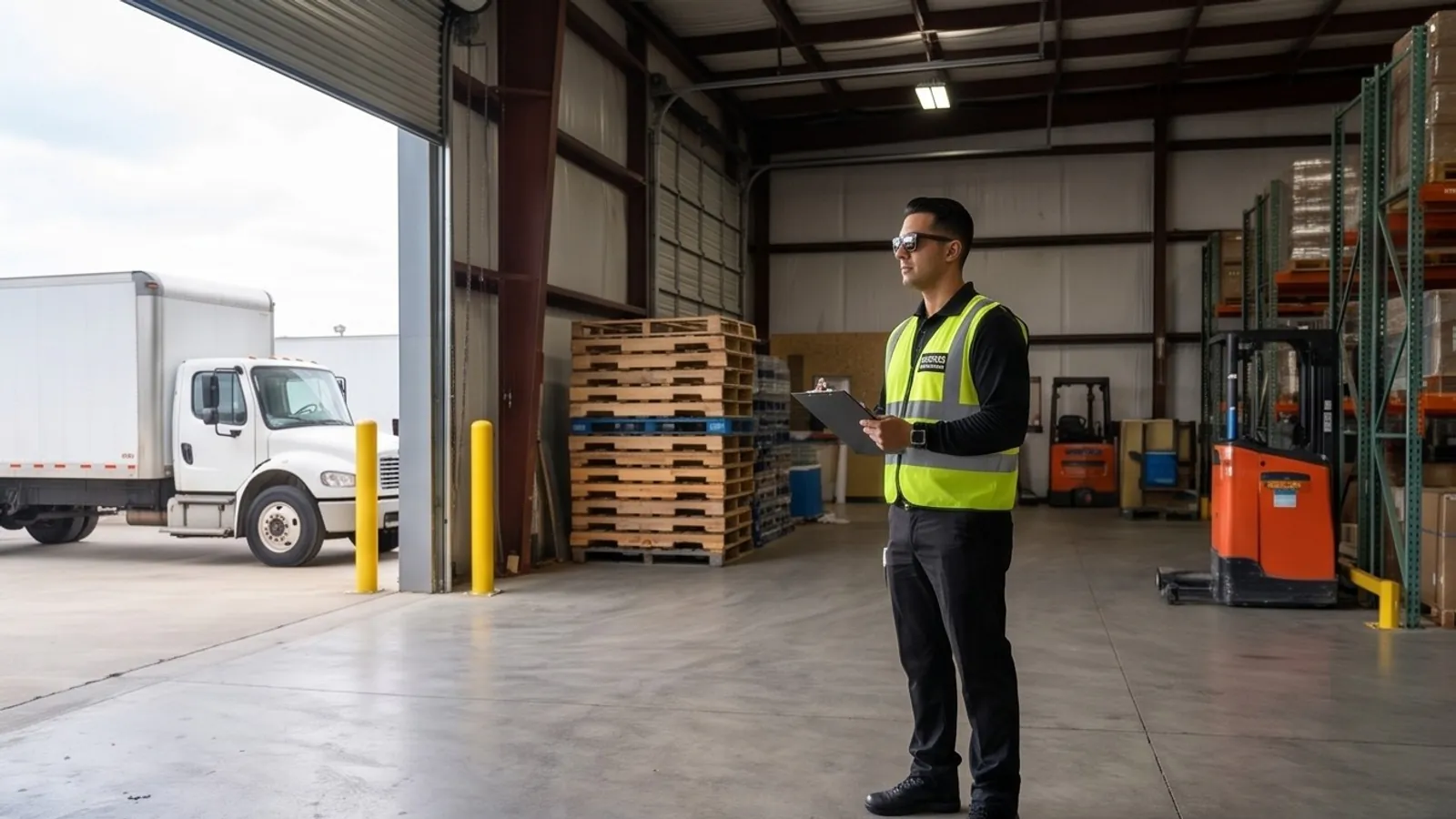 Fortress security officer checking a delivery at a warehouse loading dock