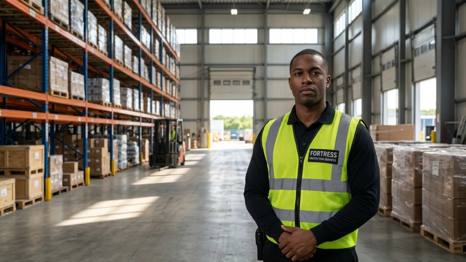 Licensed Fortress security guard on duty inside a Melbourne distribution warehouse